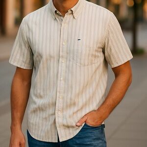 BB Classics Button-Down Blue Tan Stripe Short Sleeve Cotton Shirt Size Large